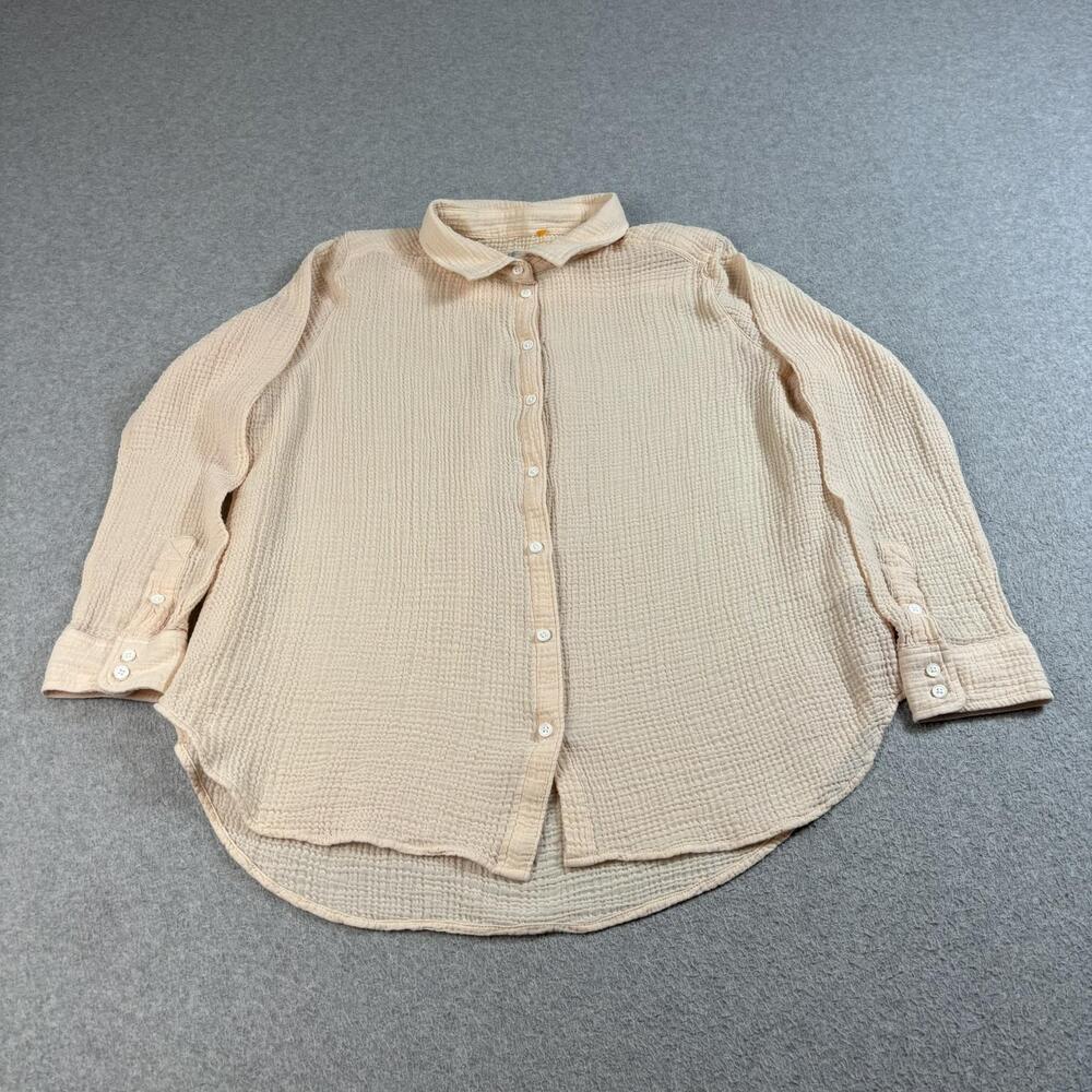 Outerknown Shirt Woman Large Tan Organic Cotton Gauze Button Coastal Boho Shacke